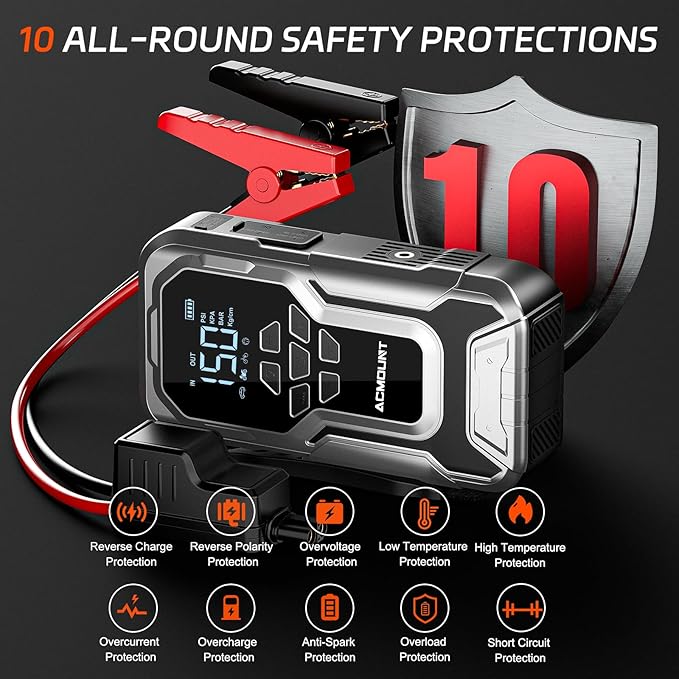 Acmount D18 Jump Starter with Air Compressor, 6000A Car Battery Jumper Starter Portable(All Gas/10.0L Diesel), 150PSI Tire Inflator Air Pump, 12V Jump Pack, 800LM Flashlight, Car Gift for Man