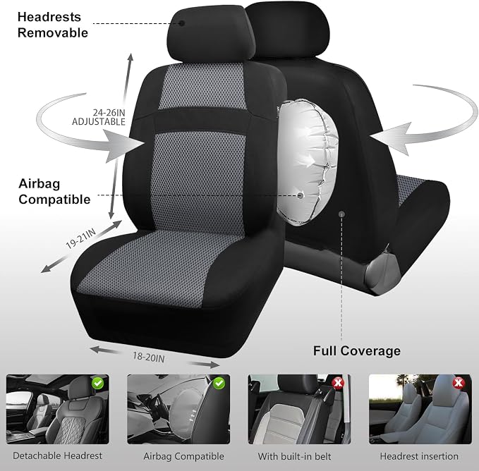 CAR PASS Air Mesh Car Seat Covers Front Seats Only, Universal Seat Covers for Car Fit SUV,Vans,Sedan,Trucks, Breathable Automotive Interior Seat Covers Airbag Compatible (Black Charcoal Gray)