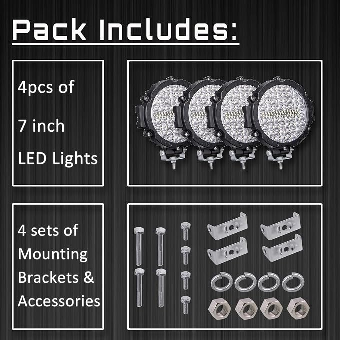 LED Off Road Lights, 7 Inch Round 210W 10000lm 12V-60V LED Work Lights Driving LED Pods for Truck Trailer Boat Ship Golf Cart 36V 48V Working Driving Search Fog Lights, 4 Pack