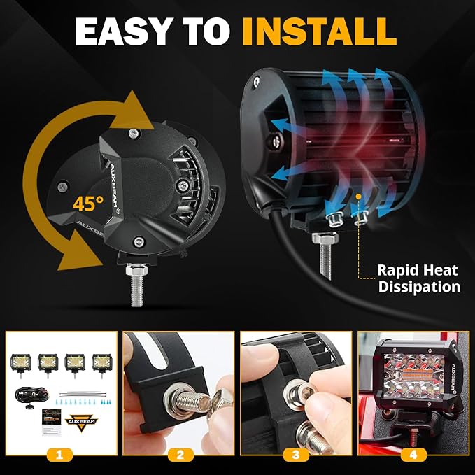 Auxbeam 4 Inch 240W LED Pods, Amber White Fog Light 6 Modes Strobe Lights for Work Truck, Dual Color Combo Offroad Driving Light for Jeep ATV Utv Car, 4 Packs