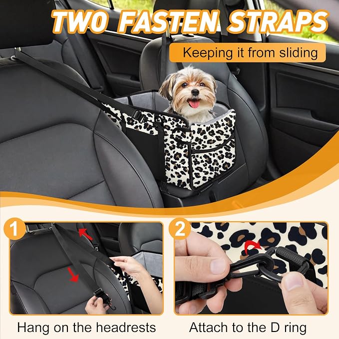 Portable Dog Car Seat for Small Dogs - Adjustable Safety Leash, Washable Cushion & Storage Pocket - Pet Booster Seat for Car Travel- Leopard