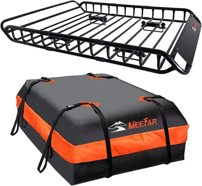 Roof Rack Cargo Carrier Basket 51"*36"*5"+Waterproof Bag 15 Cubic Feet(44"*34"*17"),and Cargo Net with Attachment Hooks,Ratchet Straps.200 Lbs Capacity,Universal Rooftop Large Size Roof Rack