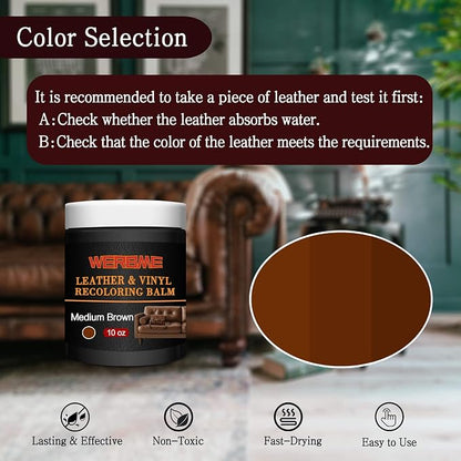 Leather Recoloring Balm & Color Restorer - 10OZ Multipurpose Dye & Paint for Faded Leather Couches, Car Seats, Shoes | Fix Scratches on Clothing, Furniture & Accessories(Medium Brown)