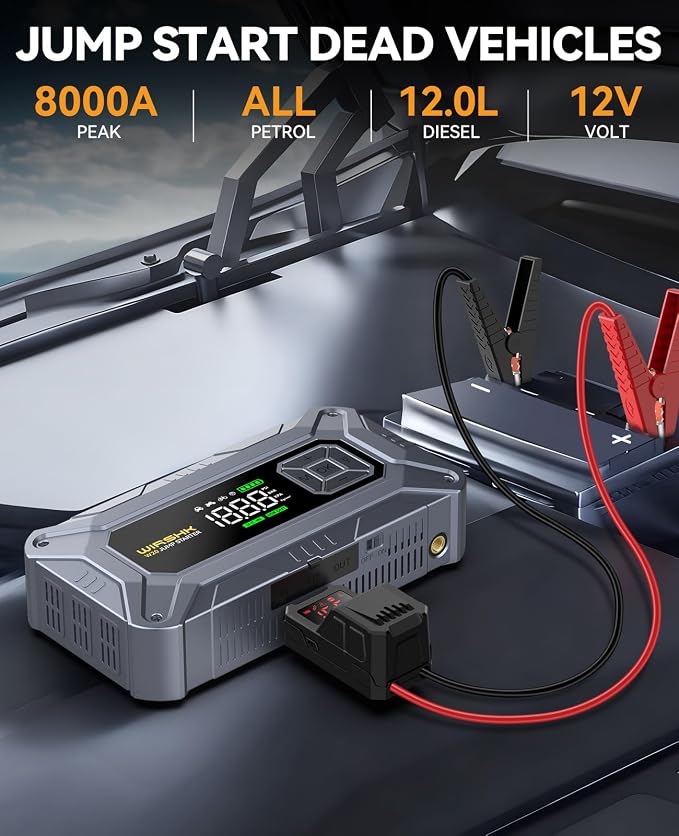 8000A Jump Starter with Air Compressor, 160PSI, 12V | 8000A battery booster and 160PSI tire inflator for roadside emergencies, road trips and camping