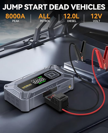 8000A Jump Starter with Air Compressor, 160PSI, 12V | 8000A battery booster and 160PSI tire inflator for roadside emergencies, road trips and camping