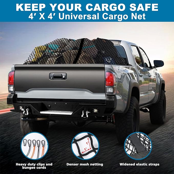 Cargo Net for Pickup Truck Bed, Highly Elastic Truck Bed Cargo Net, 4' X 4' Stretchable to 8' X 8', Cargo Mesh Organizer, for Daily Light Loads of Trucks