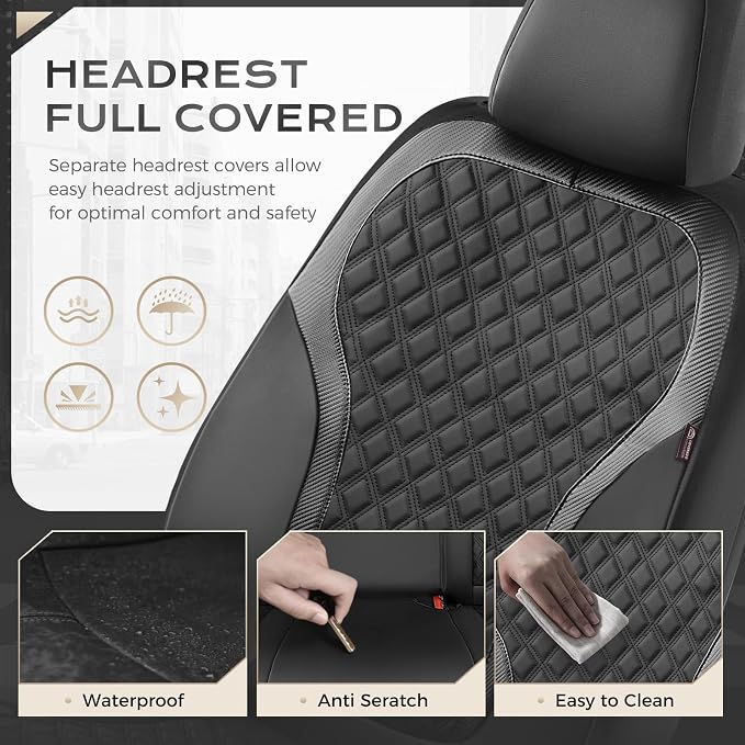 Coverado Seat Covers Full Set, Luxury Leather Car Seat Cover with Carbon Fiber Accents Design, Spill-Proof Durable Black Automotive Seat Covers, Front and Rear Seat Protectors Universal Fit Most Cars