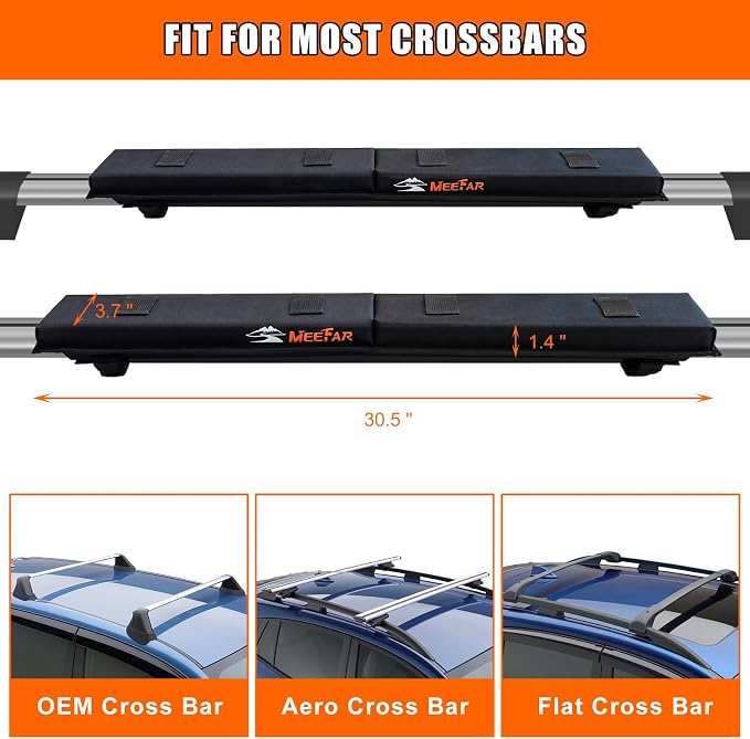 MeeFar Universal Car Soft Roof Rack Pads Luggage Carrier Rack for Kayak Surfboard SUP Canoe Include 2 Heavy Duty Tie Down Straps, 2 Tie Down Rope, 2 Quick Loop Strap