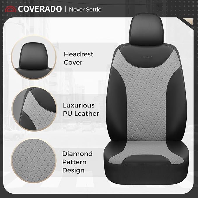 Coverado Car Seat Covers, 5 Seats Front and Rear Seat Covers for Cars, Leather Seat Covers Waterproof Car Seat Protectors, Automotive Seat Cushions Universal for Most Sedan, SUV, Truck, Black & Gray