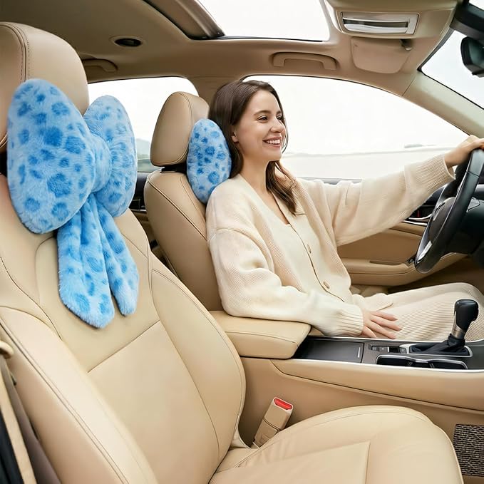 Sexysamba 2 Pcs Plush Bow Car Headrest Neck Pillow Cute Bow Pillow for Car Seat Décor Soft Neck Support for Comfortable Driving Traveling Office Fluffy Head Rest Cushion, Blue Leopard Print
