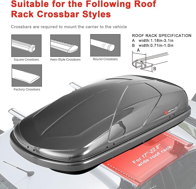 Goplus Rooftop Cargo Carrier Hard Shell, 14 Cubic Feet Waterproof Car Roof Cargo Carrier w/Dual Side Opening, Security Key, 165LBS Capacity, for 17” to 22.8” Wide Crossbar Rack, Vehicle Cargo Box