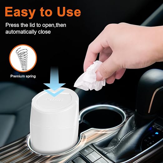 Car Trash Can, 2 Packs Mini Car Garbage Can Cup Holder with Lid | Leakproof Car Trash Bin with 60 Trash Bags, Vehicle Front Back Seat Organizers and Storage for Car, Home, Office, White