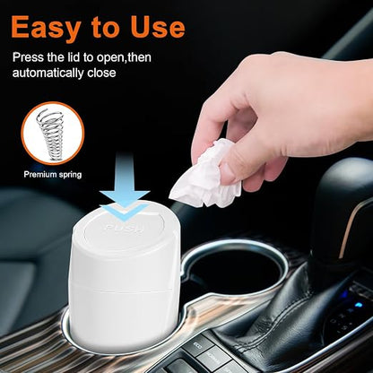Car Trash Can, 2 Packs Mini Car Garbage Can Cup Holder with Lid | Leakproof Car Trash Bin with 60 Trash Bags, Vehicle Front Back Seat Organizers and Storage for Car, Home, Office, White