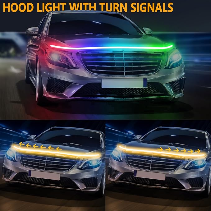 71 Inches RGB Multicolor Dynamic Scanning Starter Hood Lights, Car LED Hood Light Strip, Exterior Flexible Headlight Waterproof Daytime Running Lamps Strips (1 Set)