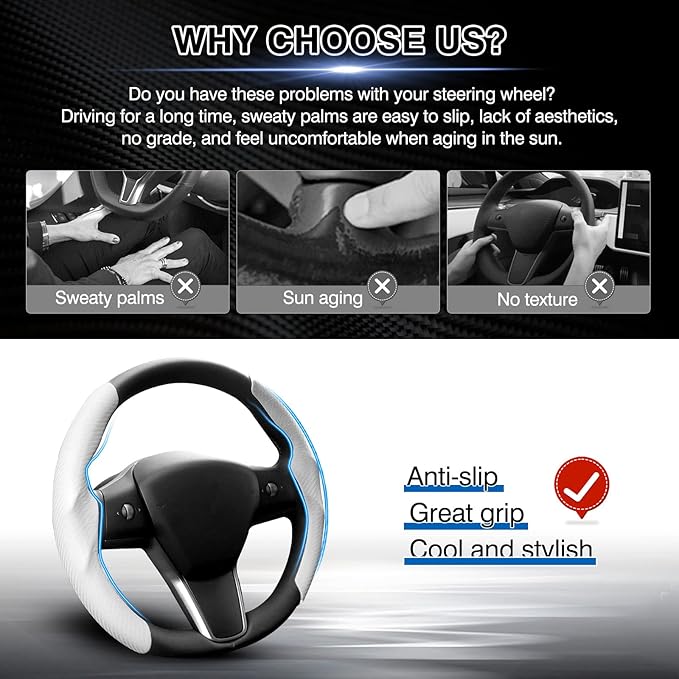 Canvcle Steering Wheel Cover for Tesla Model 3/Y 2016-2025 2026 Highland/Juniper Accessories Carbon Fiber Steering Wheel Cover Protector Non-Slip, Comfortable, Breathable, Model 3/Y Accessories, White
