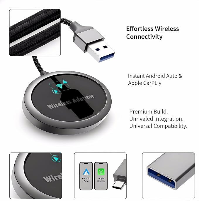 2-in-1 Wireless CarPlay Adapter 2026 for Apple iPhone & Android Auto Adapter, Plug&Play CarPlay Dongle Converter, Fast Auto-Connect,Compact Design Fast Stable Connection with USB/USB-C Port (Grey)