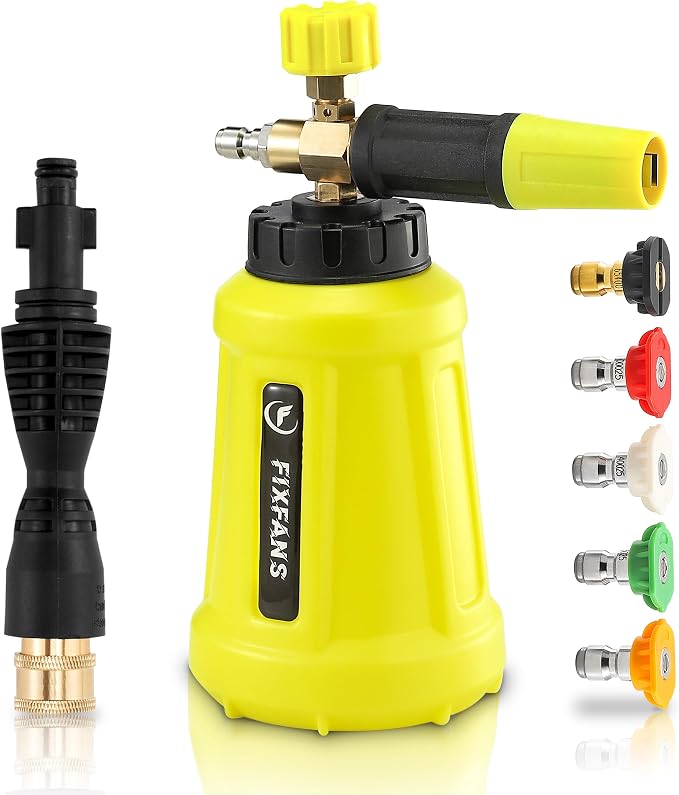 FIXFANS Foam Cannon with Replacement Adapter for Portland Husky Ryobi | Wide Neck Pressure Washer Snow Foam Lance, Heavy Duty Power Washer Foam Blaster, 1/4 Inch Quick Connector, 5 Nozzles, 1L