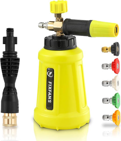 FIXFANS Foam Cannon with Replacement Adapter for Portland Husky Ryobi | Wide Neck Pressure Washer Snow Foam Lance, Heavy Duty Power Washer Foam Blaster, 1/4 Inch Quick Connector, 5 Nozzles, 1L
