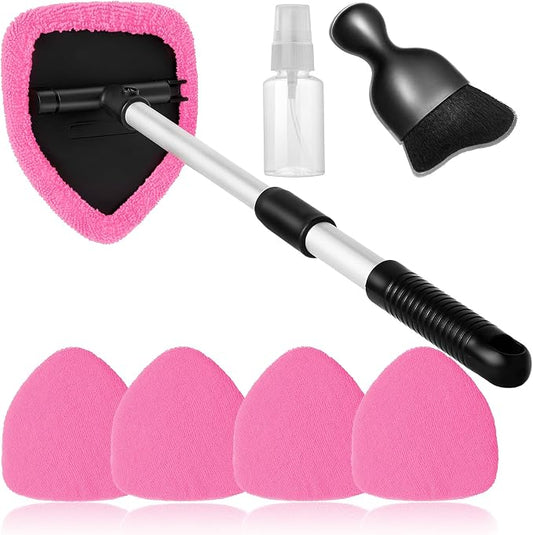 Qydipclin 7pcs Windshield Cleaner Tool Car Window Cleaning Wash Kit with 4 Reusable Microfiber Pads 1 Spray Bottle and Extendable Handle Auto Glass Wiper Kit, Pink
