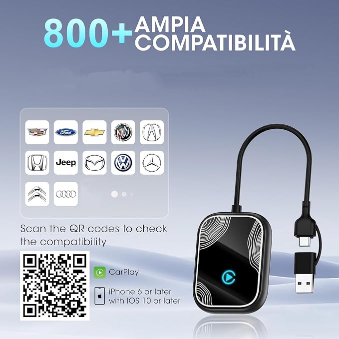 2in1 Wireless Carplay Adapter for iPhone Android,for Toyota/Honda/Cadillac/Ford/Chevrolet/Jeep Carplay,Plug Play Automatic Reconnect,Convert Wired to Wireless Bluetooth Carplay Dongle(USB A/C)06d