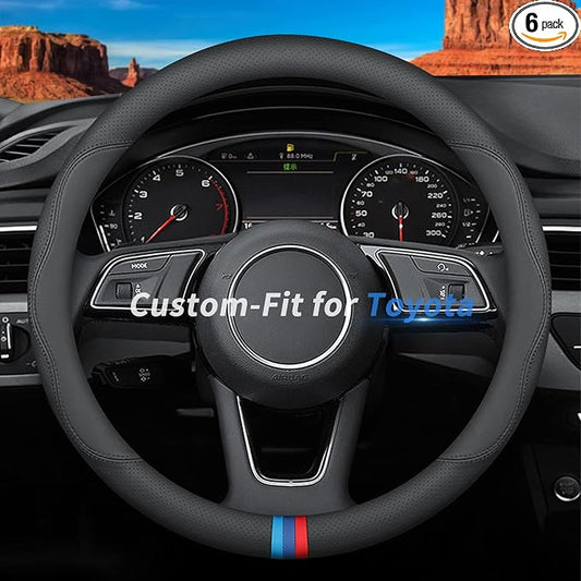 Custom-Fit for Toyota Steering Wheel Cover, Premium Leather Car Steering Wheel Cover with Logo, Non-Slip, Breathable (D-Style,for Toyota)