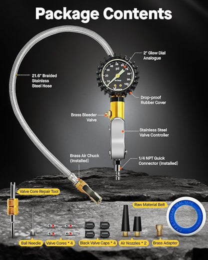 Vondior Tire Inflator with Pressure Gauge (0-100 PSI) with Large 2" Glow Dial- ANSI B40.1 Accurate, Premium Braided Hose, Durable Rubber Cover, Perfect for Car, Truck, Motorcycle, RV