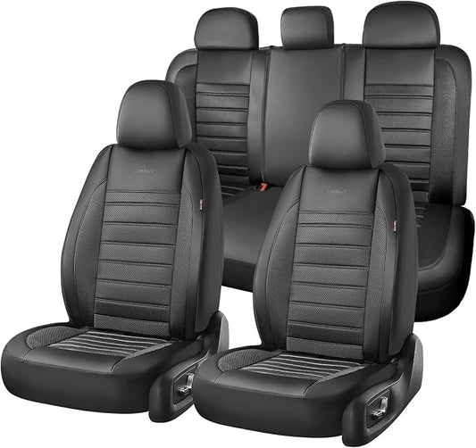 Coverado Car Seat Covers Full Set, Luxury Leather Car Seat Covers, Automotive Front and Rear Mesh Seat Covers, Full Set 5 Seats, Black Seat Covers for SUV Sedan Truck