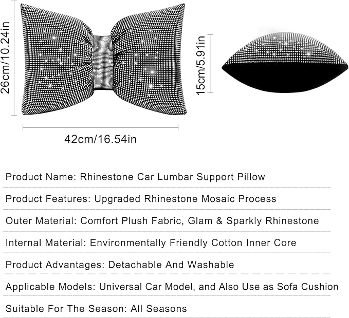 surpassme Rhinestone Lumbar Support Pillow for Car, Bling Back Support Pillow/Cushion Car Accessories for Women(White)