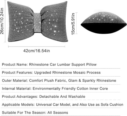 surpassme Rhinestone Lumbar Support Pillow for Car, Bling Back Support Pillow/Cushion Car Accessories for Women(White)
