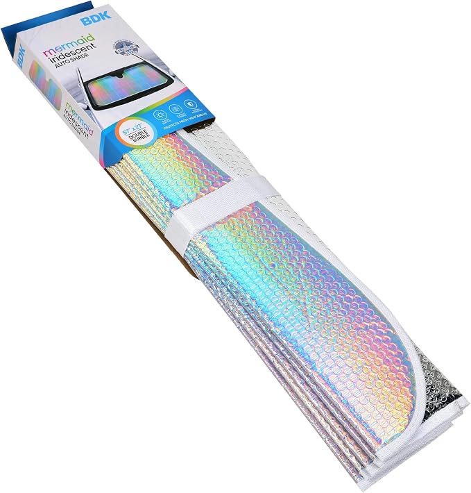 BDK Iridescent Mermaid, Hologram Foil, Chameleon Front Windshield Sun Shade, Double Bubble Accordion Folding Auto Sunshade for Car Truck SUV 58 x 27 Inch