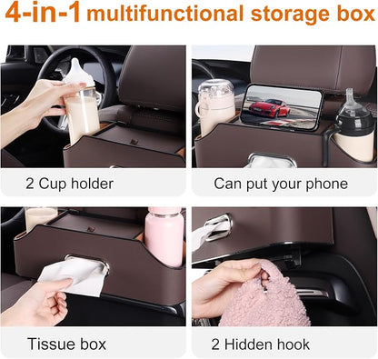 Car Rear Backseat Extra Multifunctional Drink Cup Holder Organizers with Tissue Storage Box Organizer & Hooks for Car Seat Back (Brown)
