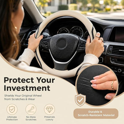Car Steering Wheel Cover Beige, 14.5-15 inch Steering Wheel Covers with Coasters Microfiber Leather Carbon Fiber Breathable Anti-Slip Durable Universal Auto Steering Wheel Protective
