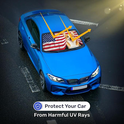 GENANY Corgi Flag Windshield Sun Shade for Car SUV Truck (64x32 Inches), Automobile Sunshade, Protector Blocks UV, Car Decor