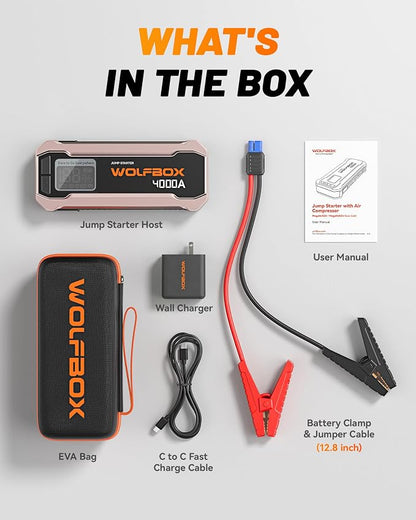 WOLFBOX 4000A Jump Starter,12V Car Battery Jumper Starter Portable with 65W Quick Charger,LED Display,88.8Wh Booster Jump Box Pack (10L Gas 10L Diesel Engine) with LED Light,Jumper Cables, Rose Gold