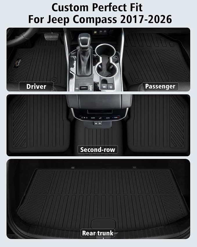 Floor Mats & Cargo Liner Custom Fit for Jeep Compass 2017-2025 2026, Door Sill Guards, All Weather TPE Rubber Anti-Slip 1st & 2nd Row & Trunk Mat Floor Liners for Compass 2025 Accessories
