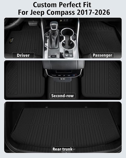 Floor Mats & Cargo Liner Custom Fit for Jeep Compass 2017-2025 2026, Door Sill Guards, All Weather TPE Rubber Anti-Slip 1st & 2nd Row & Trunk Mat Floor Liners for Compass 2025 Accessories