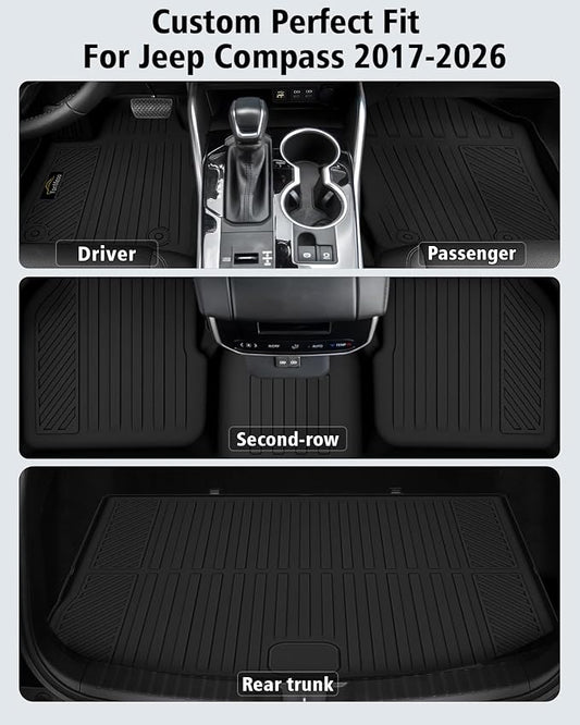 Floor Mats & Cargo Liner Custom Fit for Jeep Compass 2017-2025 2026, Door Sill Guards, All Weather TPE Rubber Anti-Slip 1st & 2nd Row & Trunk Mat Floor Liners for Compass 2025 Accessories
