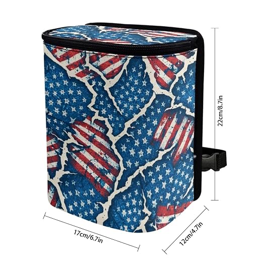 Talayituse Vintage American Flag Paper Print Car Trash Bin, Large Size Auto Trash Can Adjustable Portable Garbage Can with Lid, Vehicle Hanging Bag for Headrest Front Back Seat 4th of July Decor