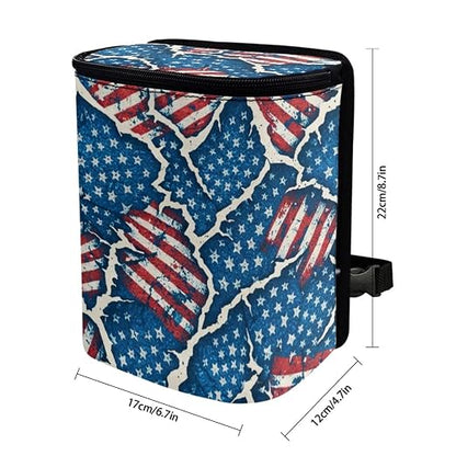 Talayituse Vintage American Flag Paper Print Car Trash Bin, Large Size Auto Trash Can Adjustable Portable Garbage Can with Lid, Vehicle Hanging Bag for Headrest Front Back Seat 4th of July Decor