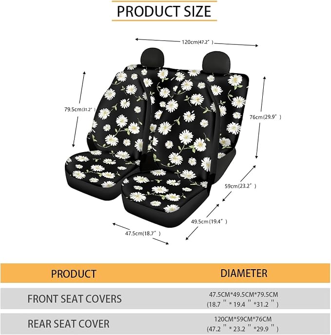 Daisy Car Seat Covers Full Set,Cute Daisy Flowers Black Design Floral Print Vehicle Front Rear Bench Cushion Protectors for Women Men Auto Interior Accessories Universal Fit for Trucks Sedans