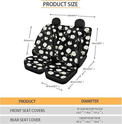 Daisy Car Seat Covers Full Set,Cute Daisy Flowers Black Design Floral Print Vehicle Front Rear Bench Cushion Protectors for Women Men Auto Interior Accessories Universal Fit for Trucks Sedans