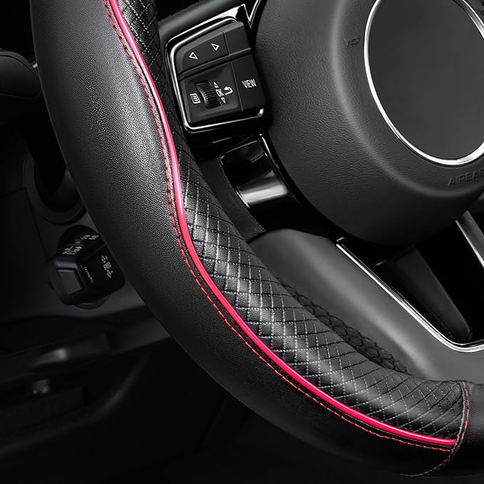 YHONGJT Soft Premium Leather Steering Wheel Cover, Breathable, Non-Slip Grip, Universal 15 Inch for Women Girls, Fit Vehicles, Sedans, SUVs, Vans, Trucks - Black with Red Line