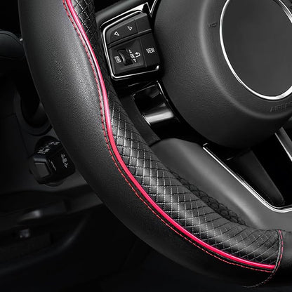 YHONGJT Soft Premium Leather Steering Wheel Cover, Breathable, Non-Slip Grip, Universal 15 Inch for Women Girls, Fit Vehicles, Sedans, SUVs, Vans, Trucks - Black with Red Line