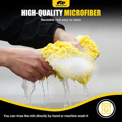 MIKKUPPA Car Wash Mitt Microfiber - Double-Sided Chenille Scratch Free Mitt with Waterproof Inner for Car Washing Home Cleaning (Yellow, 2Pack, 10'' x 7'')