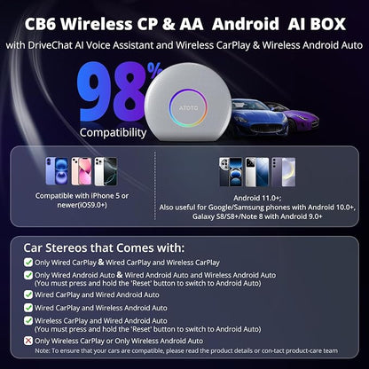 CB6 CarPlay AI Box & Android AI Box, Wireless CarPlay/AndroidAuto Adapter, Plug & Play CarWave Car Smart Box with AI DriveChat, GPS Track, Android 13, 2 BT, 4G LTE, 4G+64G, Silver