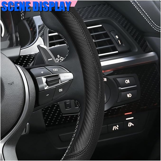 Craedli Nappa Leather Car Steering Wheel Cover, Breathable Non-Slip Automotive Steering Wheel Protector Universal Fit 14.5-15 Inch, Car Interior Decoration Accessories for Trucks, SUVs (CarbonFiber)