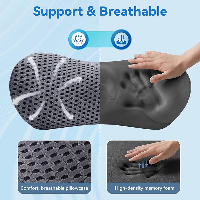 Lumbar Support Pillow, Memory Foam Lumbar Pillow for Office Chair and Car Seat, Back Pillow for Lower Back Pain Relief, Back Support Pillow for Sitting, Driving, Traveling (Light Gray)