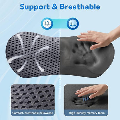 Lumbar Support Pillow, Memory Foam Lumbar Pillow for Office Chair and Car Seat, Back Pillow for Lower Back Pain Relief, Back Support Pillow for Sitting, Driving, Traveling (Light Gray)