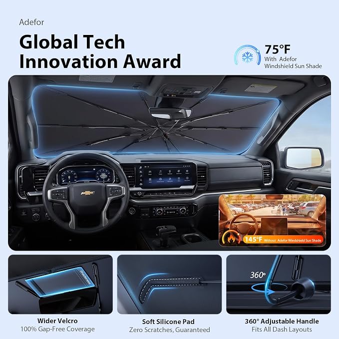 2026 Upgraded Windshield Sun Shade Umbrella for Chevrolet Silverado 1500 [Precision Custom Fit, Superior UV & Heat Block] Cooling Tech Fabric, Durable Foldable with Storage Bag, Fits 2000-2026