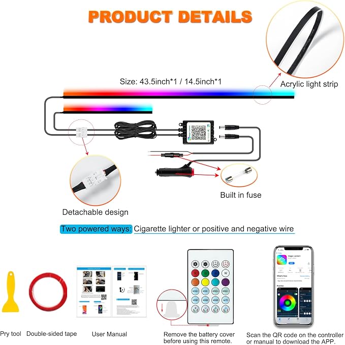Jushope Interior Car LED Strip Lights, Acrylic LED Lights for Car with Dynamic Dreamcolor Chasing, Ambient Lighting Kits Music Sync Wireless APP and RF Remote Control (43.5+14.5'')